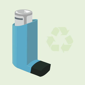 A drawing of a blue inhaler with a recycling symbol alongside it