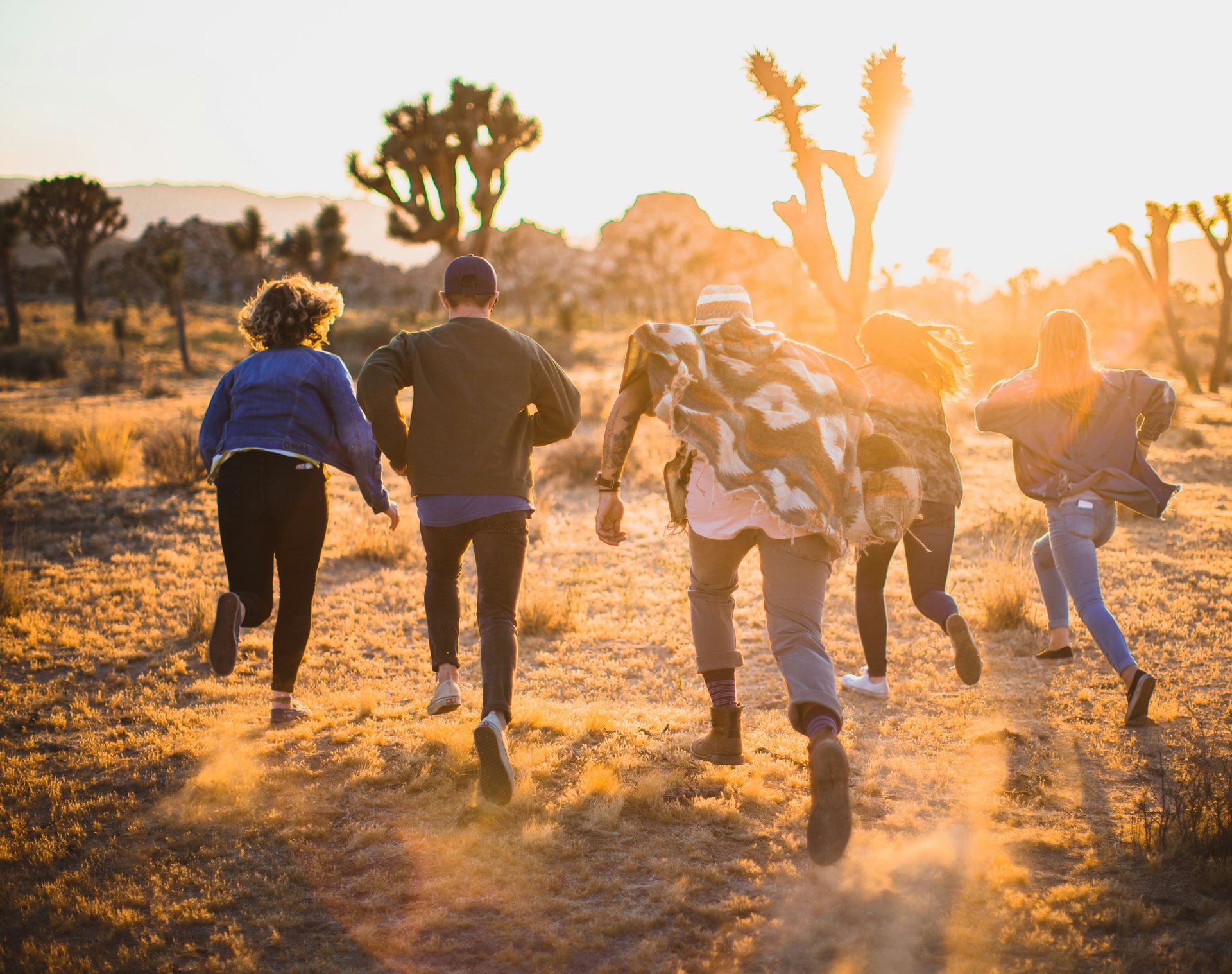 A group of people jogging together in a field